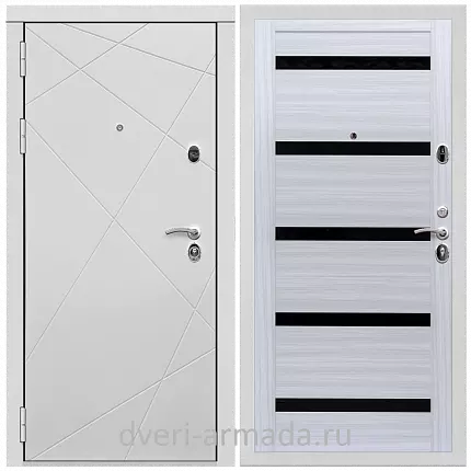 Дверь входная Армада Тесла МДФ 16 мм / МДФ 16 мм СБ-14 Сандал белый стекло черное